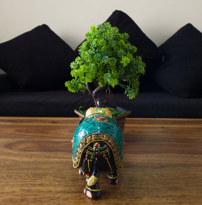 Hand-Painted Wooden Elephant with Intricate Stone Mosaic Work