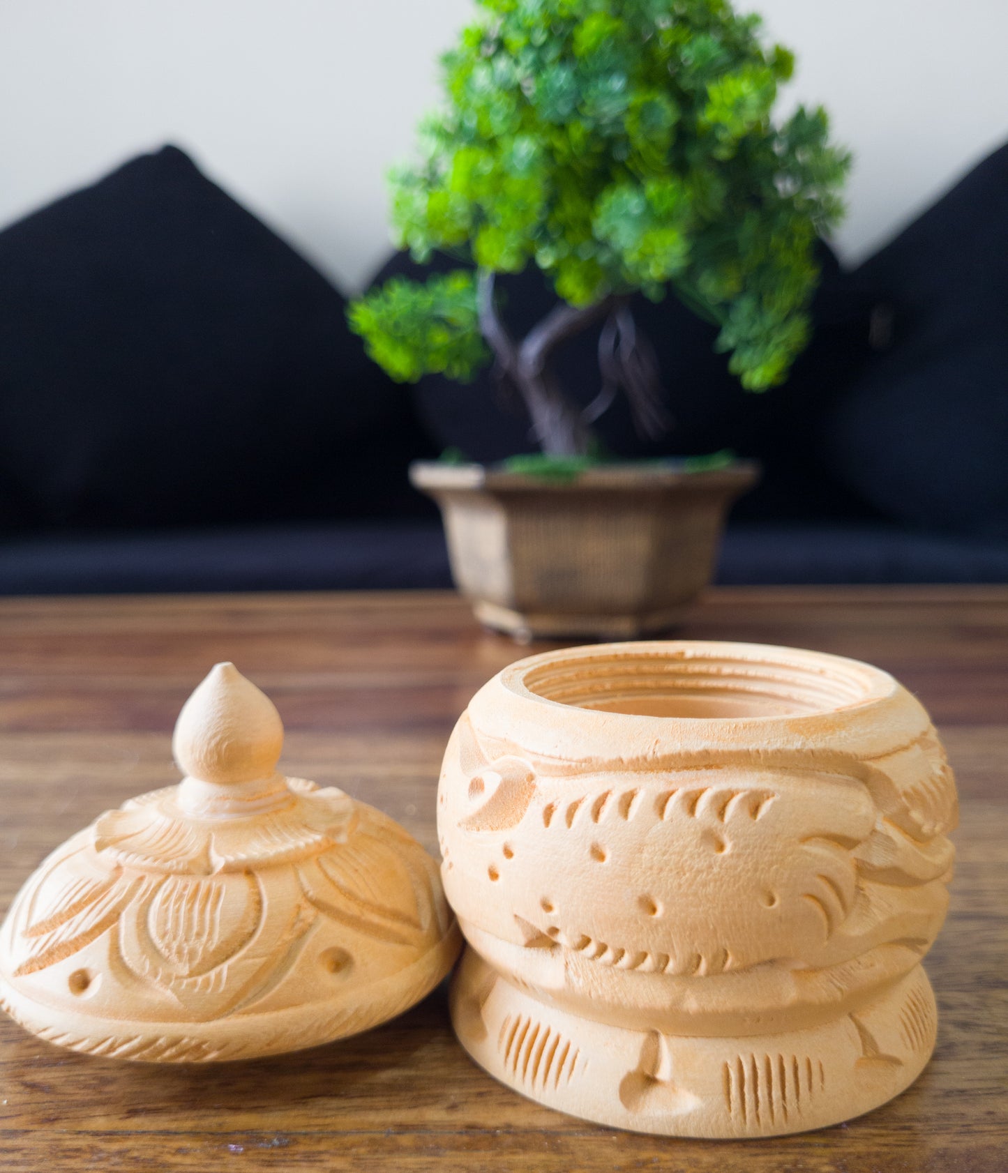 Hand-Carved Wooden Box with Dome Lid and Animal Motifs