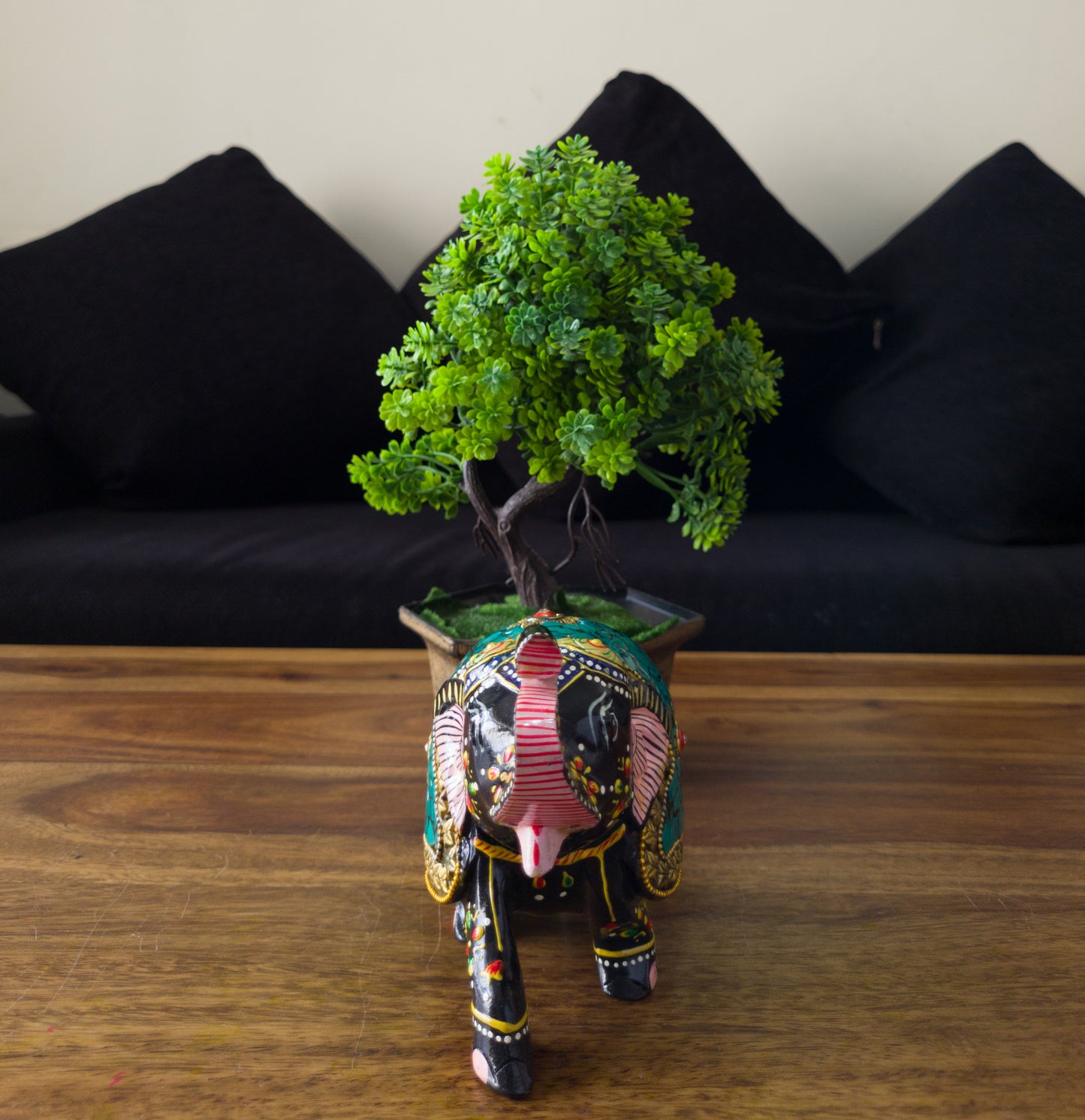 Hand-Painted Wooden Elephant with Intricate Stone Mosaic Work