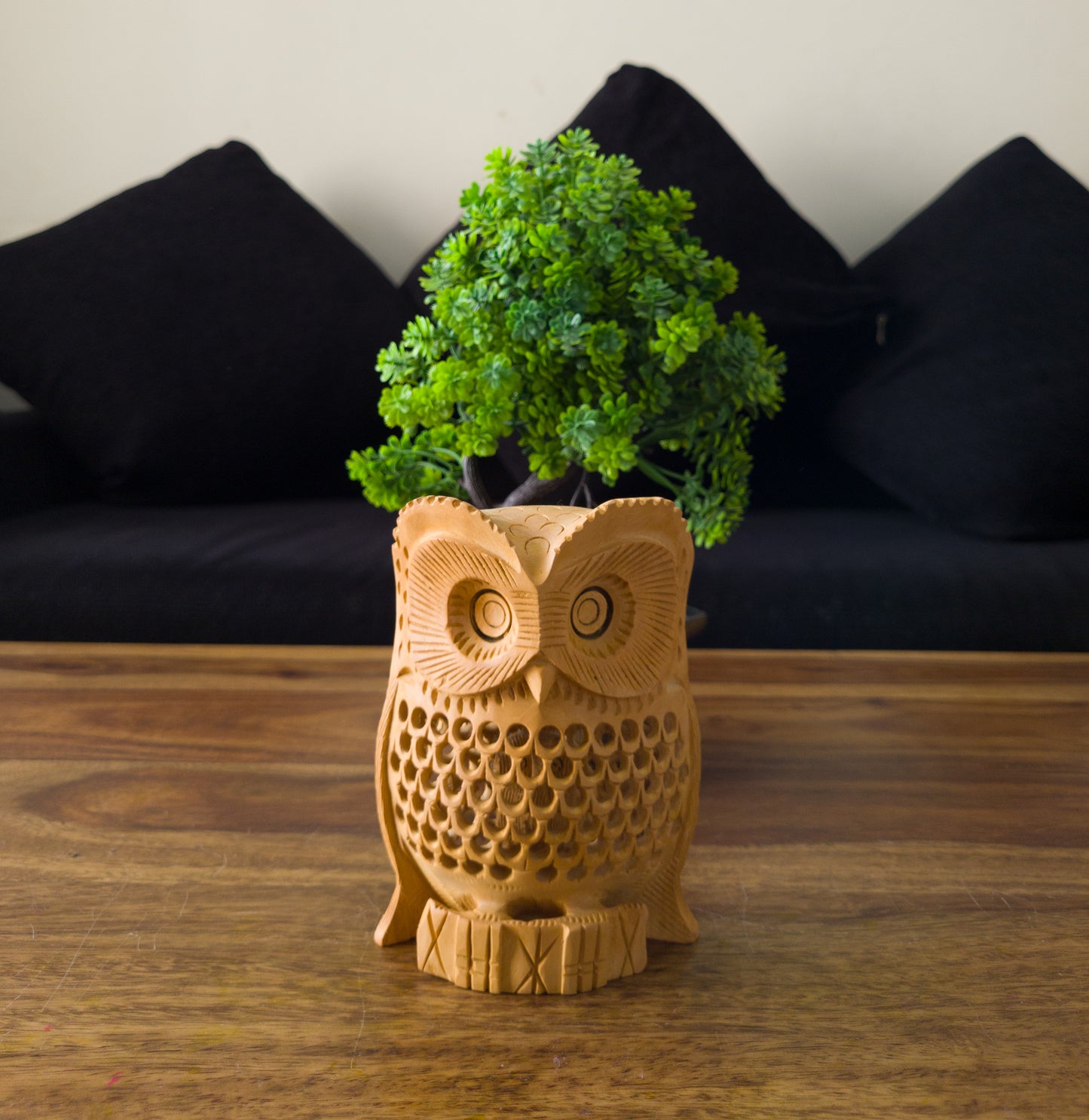 Hand-Carved Wooden Owl with Jali Work