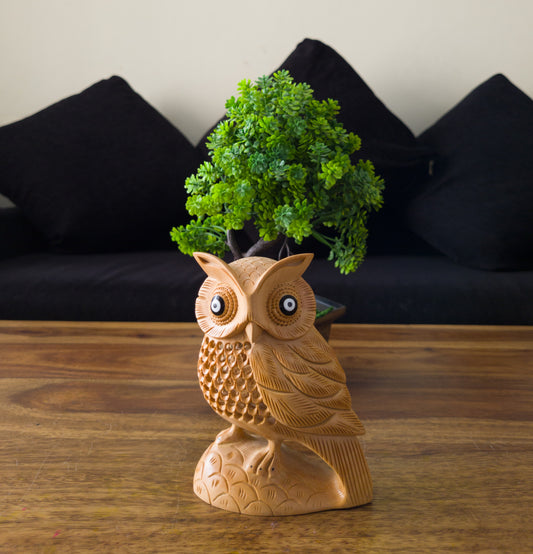 Hand-Carved Wooden Owl Statue