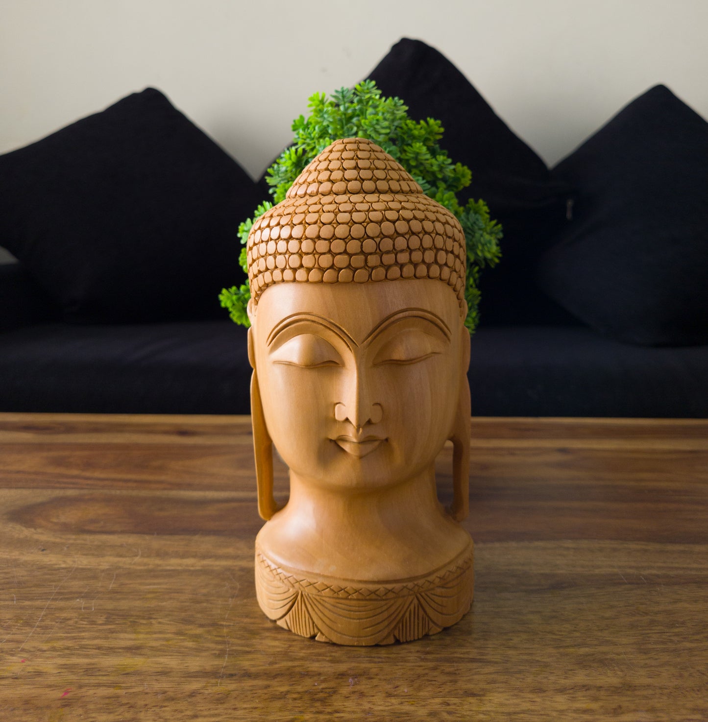 Hand-Carved Wooden Buddha Head