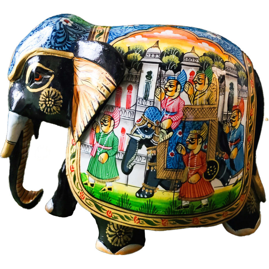 Hand-Painted Wooden Elephant with Royal Procession Artwork