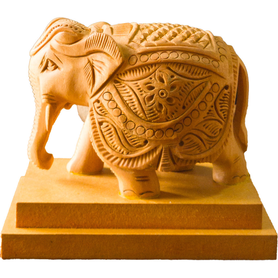 Hand-Carved Wooden Elephant on a Solid Base