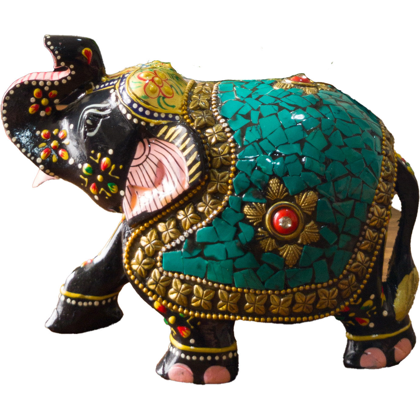 Hand-Painted Wooden Elephant with Intricate Stone Mosaic Work