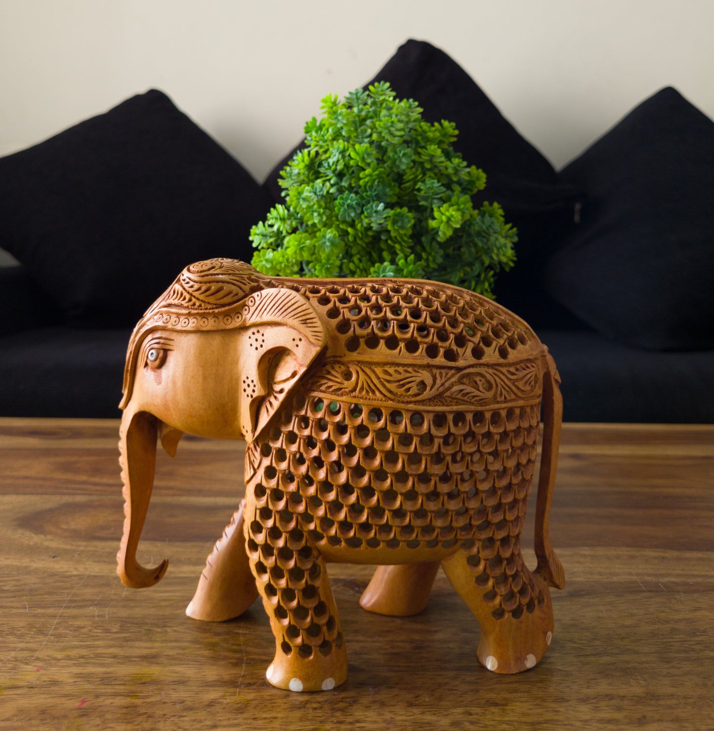 Hand-Carved Wooden Elephant with Jali (Wooden Mesh) Work