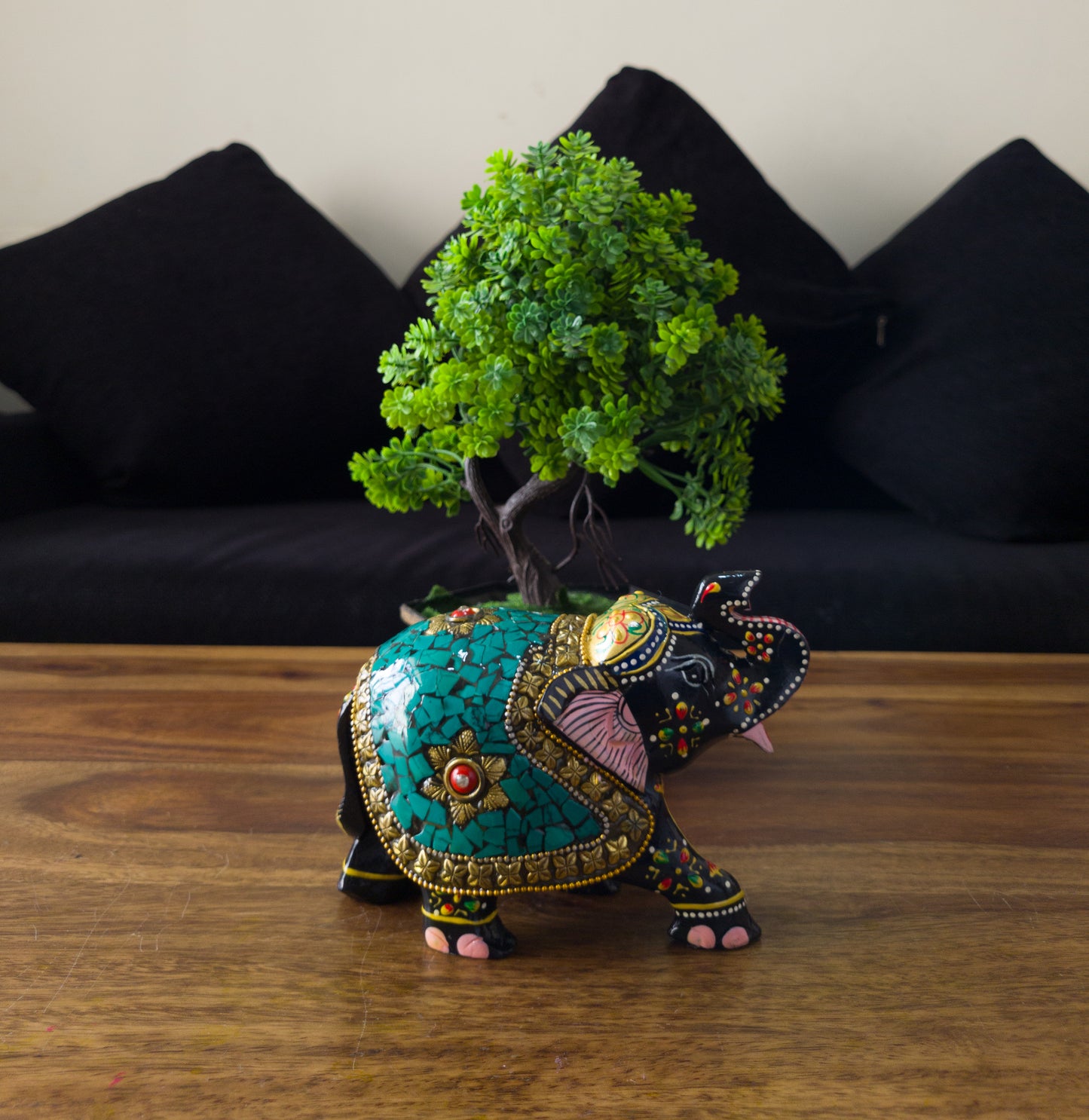 Hand-Painted Wooden Elephant with Intricate Stone Mosaic Work