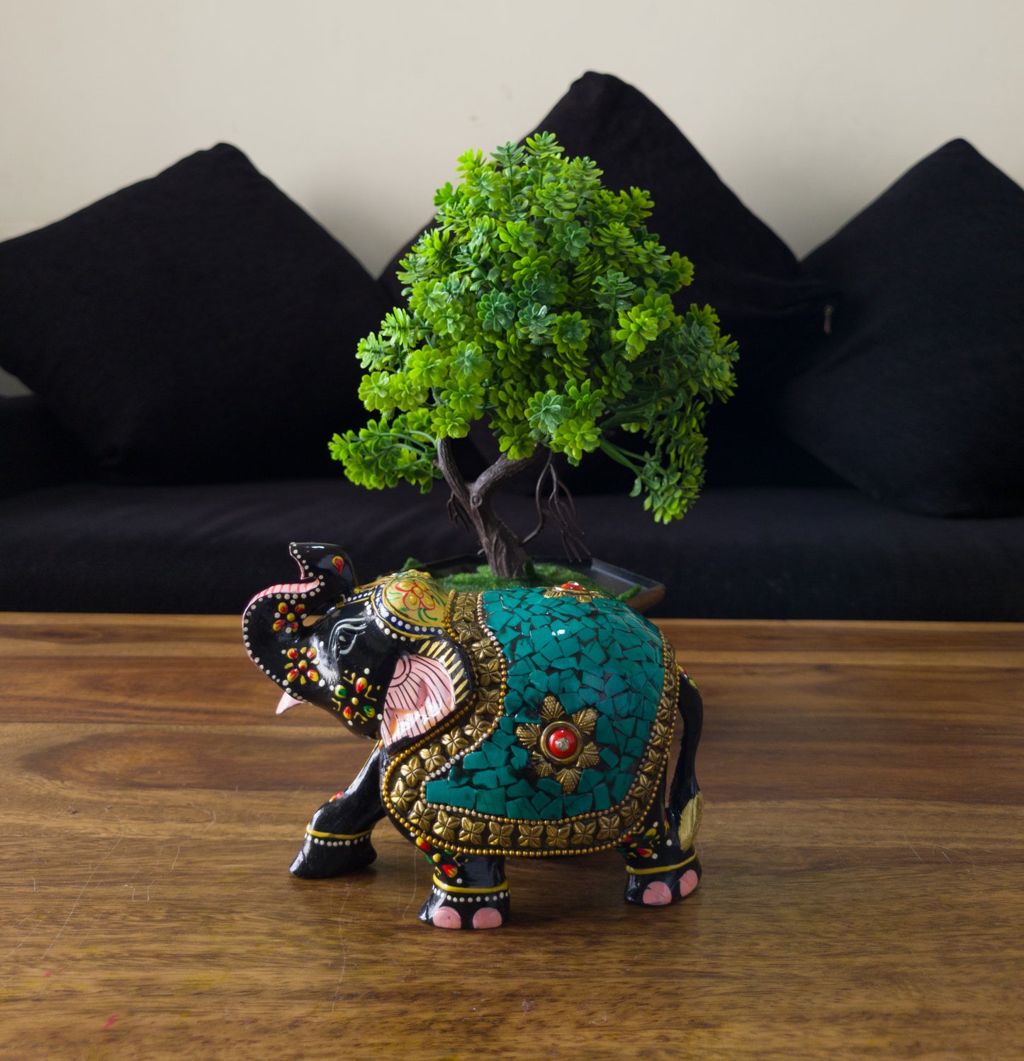 Hand-Painted Wooden Elephant with Intricate Stone Mosaic Work