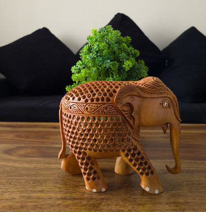 Hand-Carved Wooden Elephant with Jali (Wooden Mesh) Work