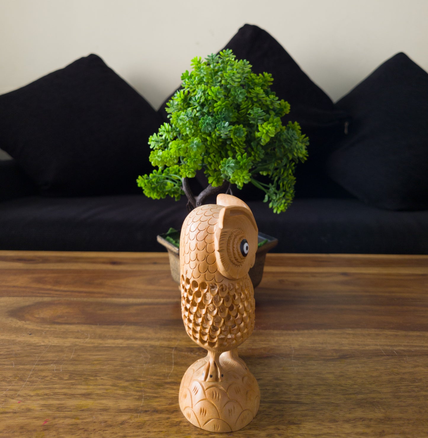 Hand-Carved Wooden Owl Statue