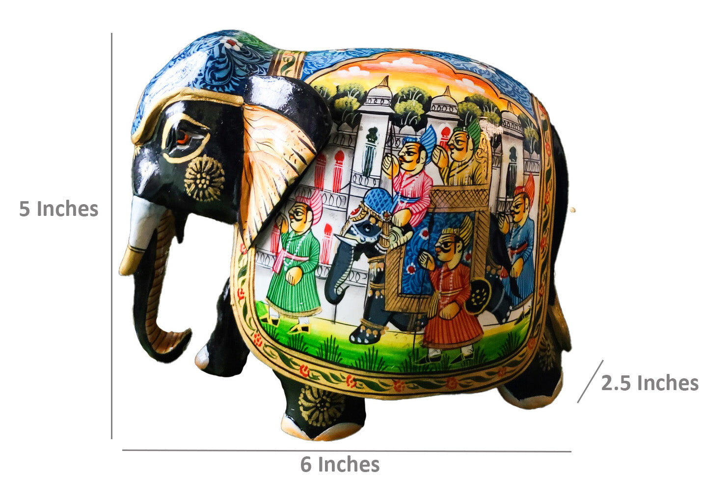 Hand-Painted Wooden Elephant with Royal Procession Artwork