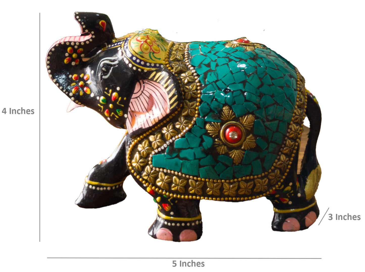 Hand-Painted Wooden Elephant with Intricate Stone Mosaic Work