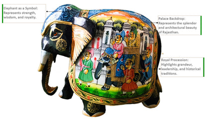 Hand-Painted Wooden Elephant with Royal Procession Artwork