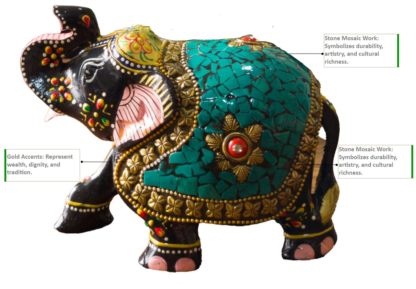 Hand-Painted Wooden Elephant with Intricate Stone Mosaic Work