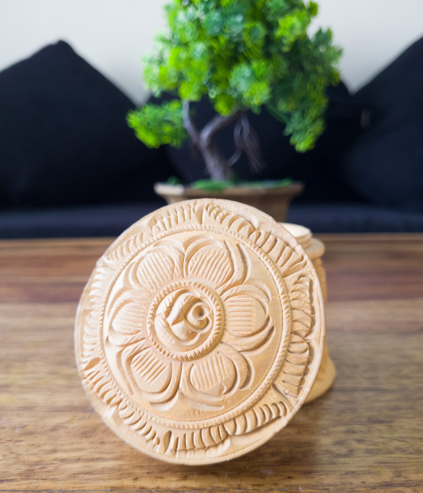 Hand-Carved Wooden Box with Elephant Motifs (small)