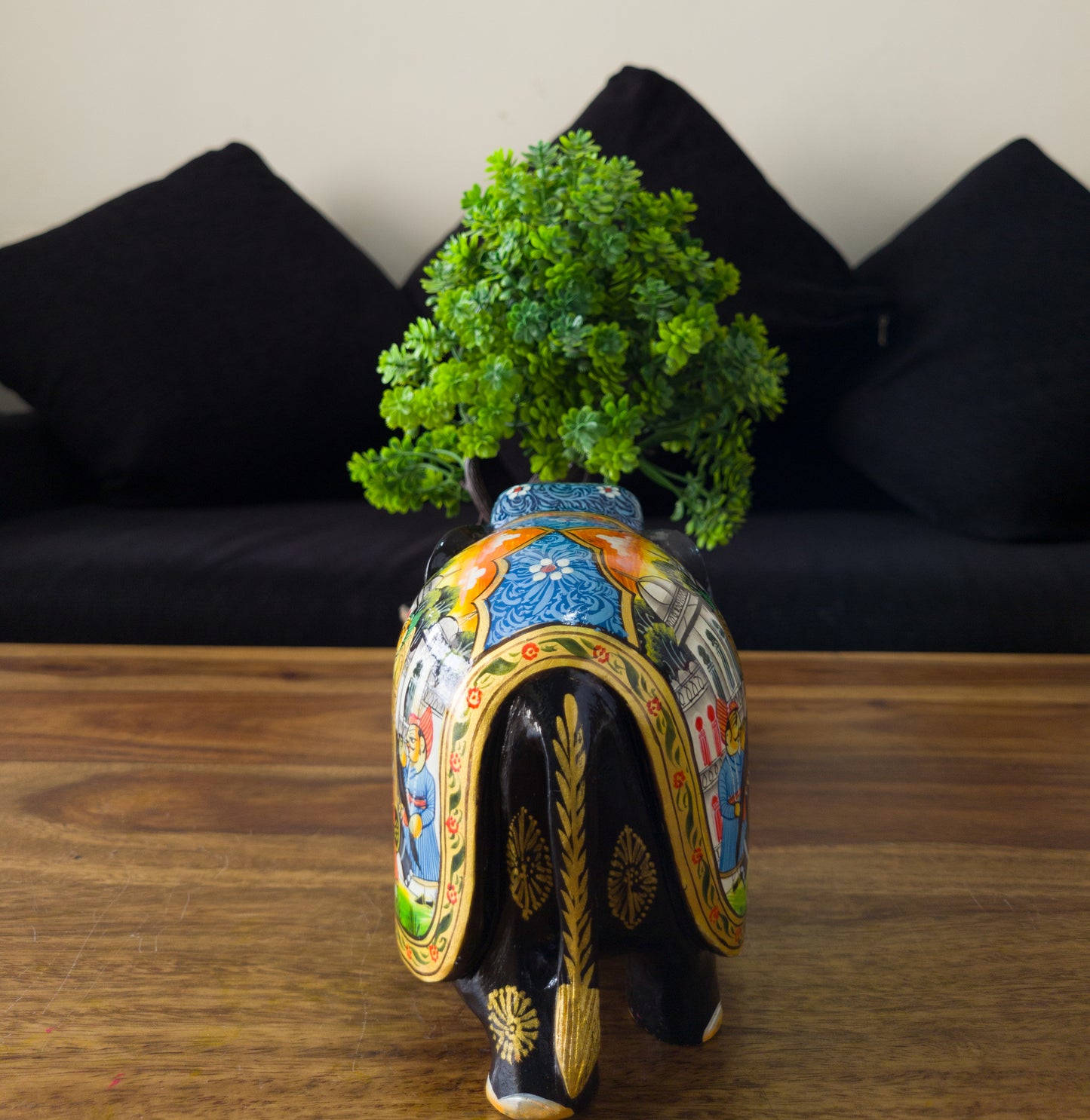 Hand-Painted Wooden Elephant with Royal Procession Artwork