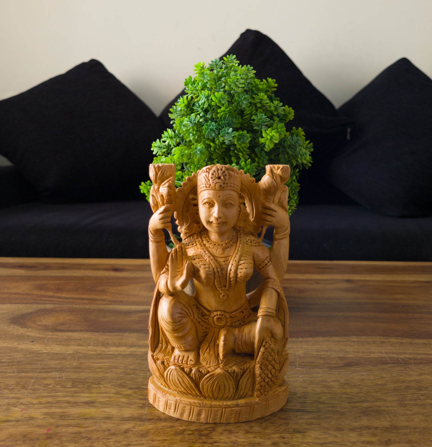 Hand-Carved Wooden Goddess Lakshmi Statue